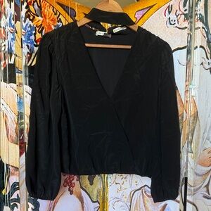 Alice + Olivia Black Faux Wrap Blouse
